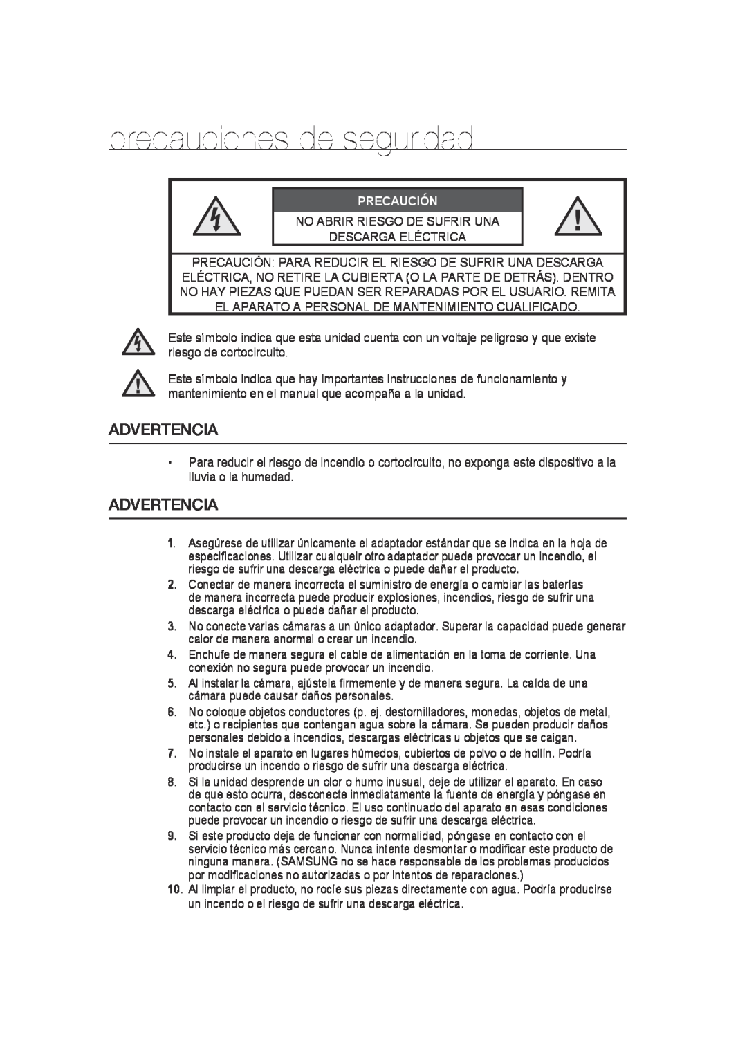 Samsung SCC-B9372P manual precauciones de seguridad, Advertencia 