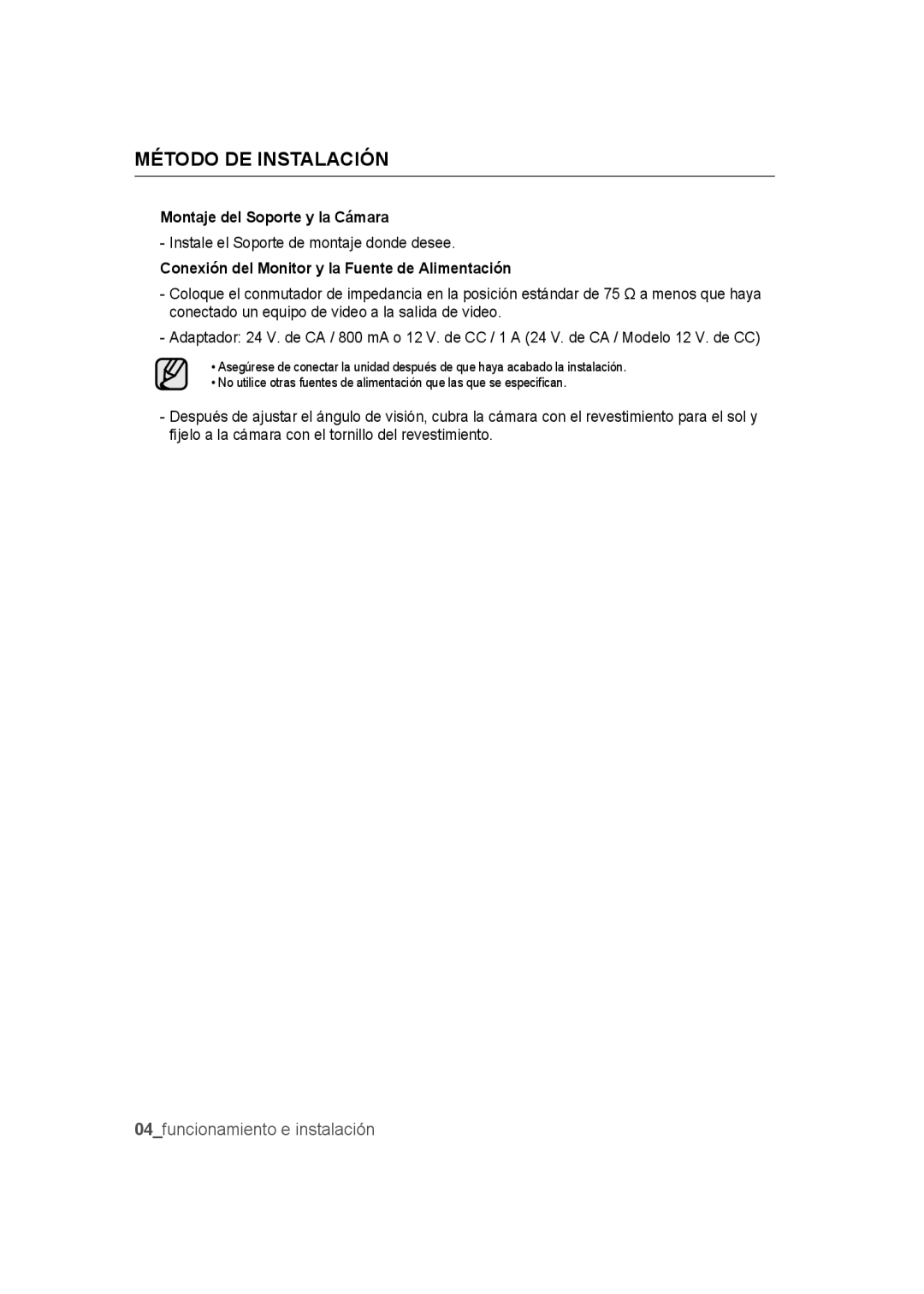 Samsung SCC-B9372P manual Método de instalación, funcionamiento e instalación 