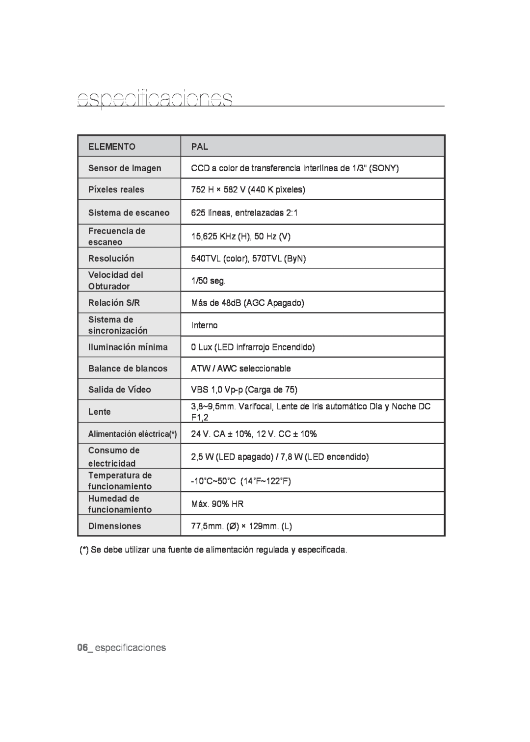 Samsung SCC-B9372P manual especificaciones 