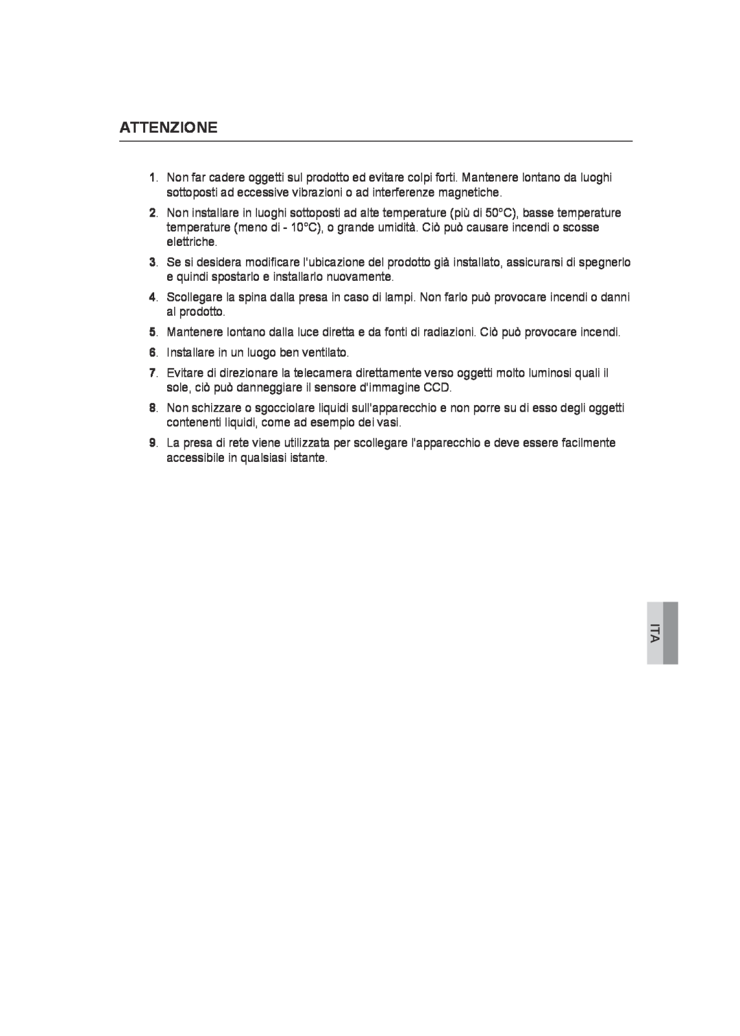 Samsung SCC-B9372P manual Attenzione 