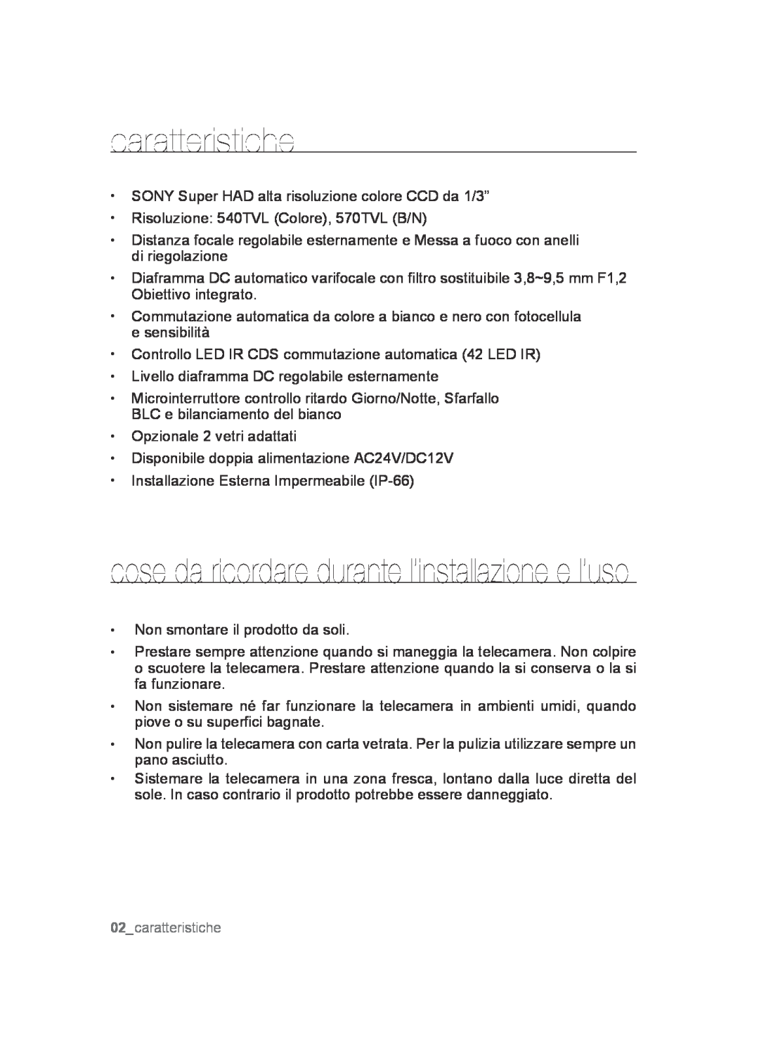 Samsung SCC-B9372P manual caratteristiche, cose da ricordare durante l’installazione e l’uso 