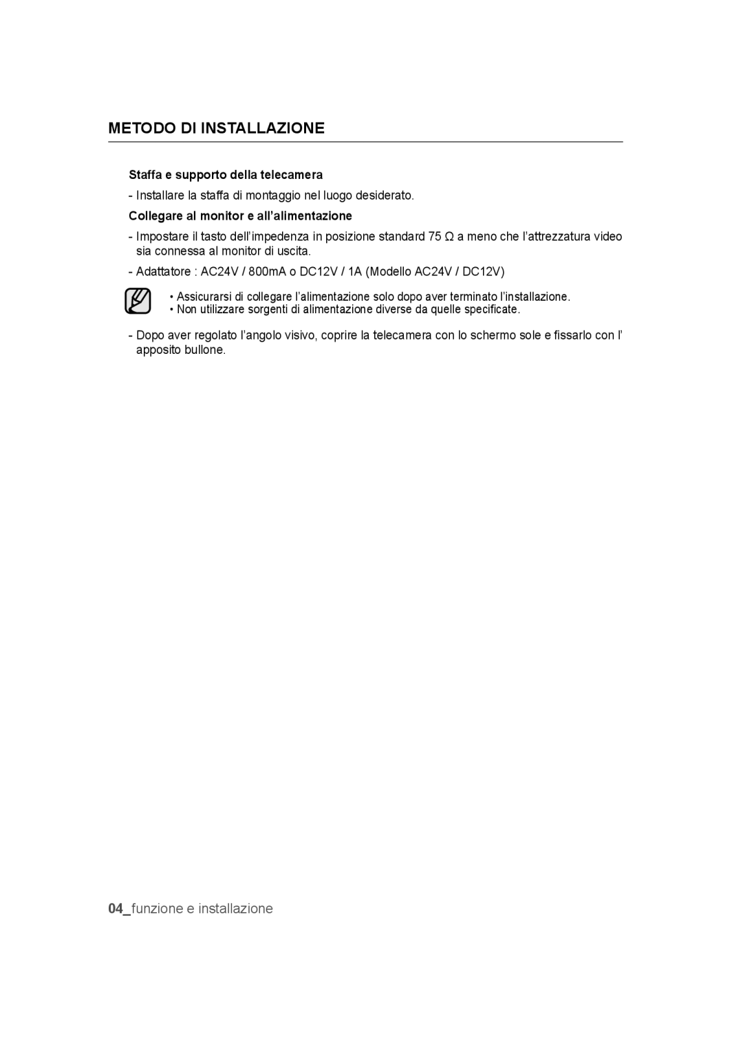 Samsung SCC-B9372P manual Metodo di installazione, funzione e installazione 