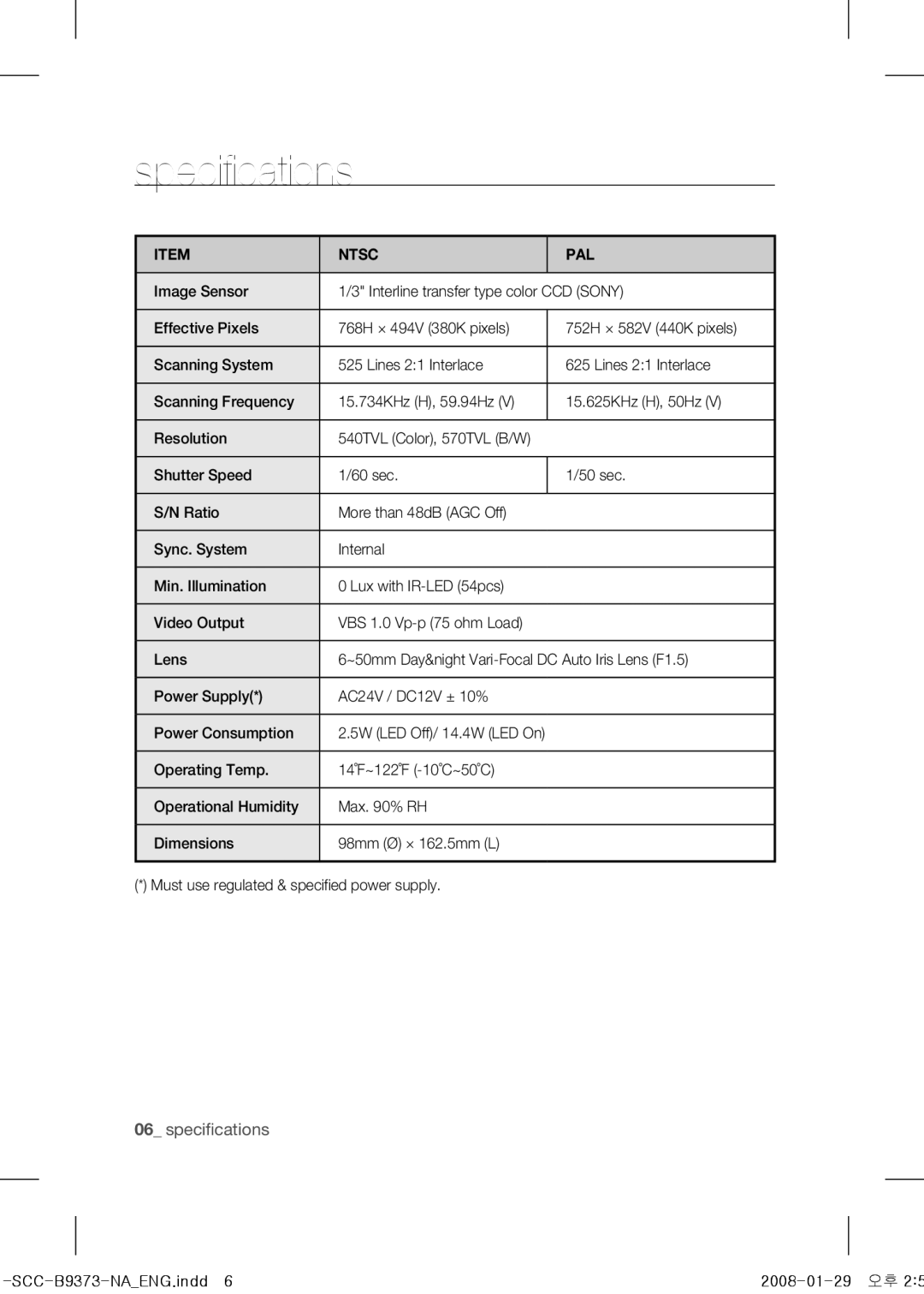 Samsung SCC-B9373 operating instructions Specifications, Ntsc PAL 