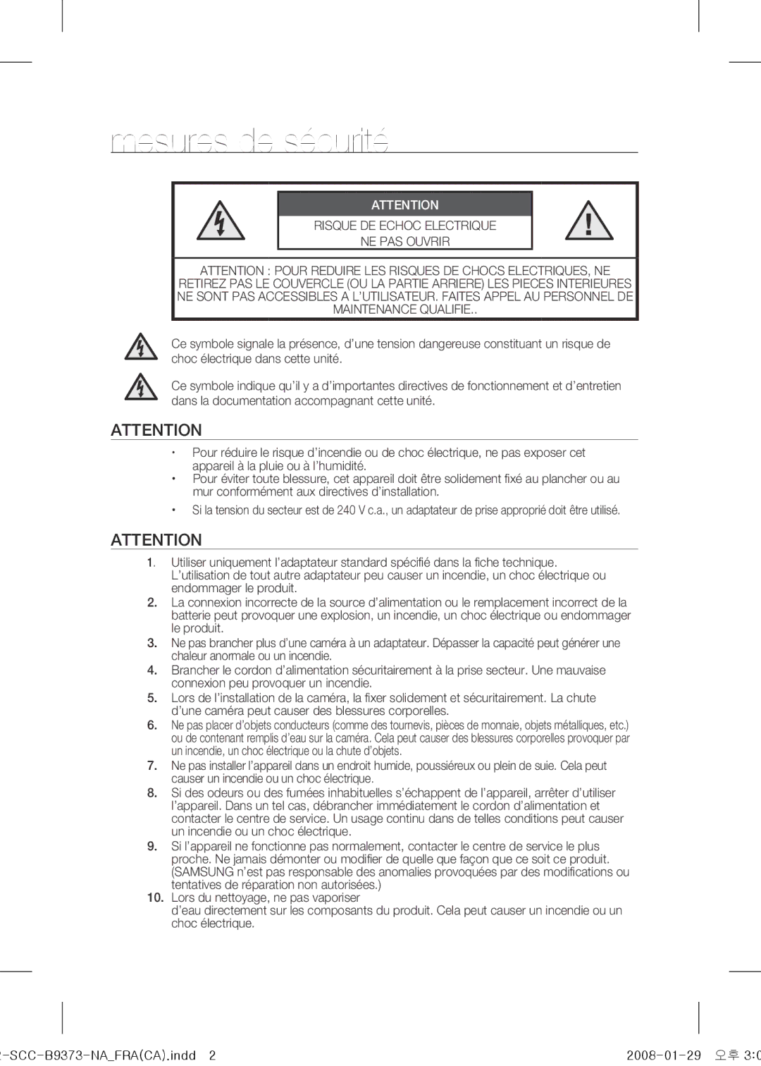 Samsung SCC-B9373 operating instructions Mesures de sécurité, Risque DE Echoc Electrique 