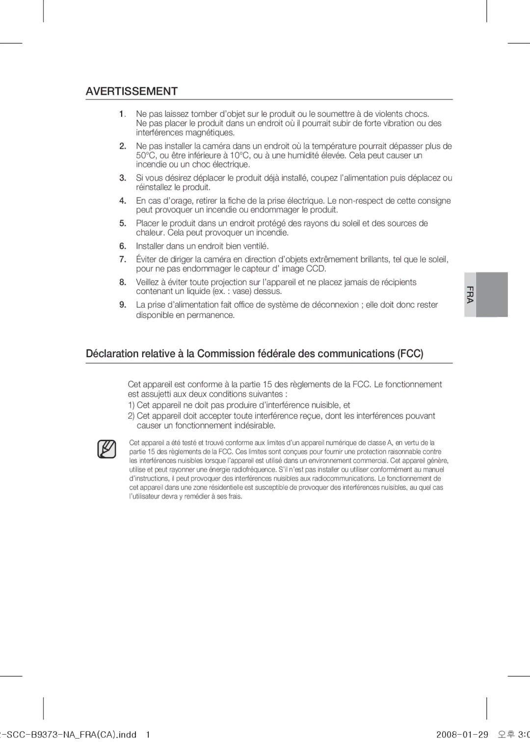 Samsung SCC-B9373 operating instructions Avertissement 