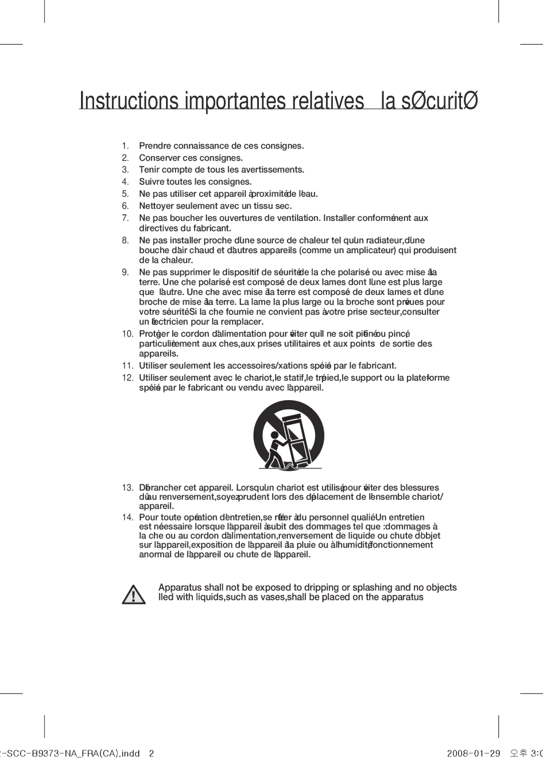 Samsung SCC-B9373 operating instructions Instructions importantes relatives à la sécurité 