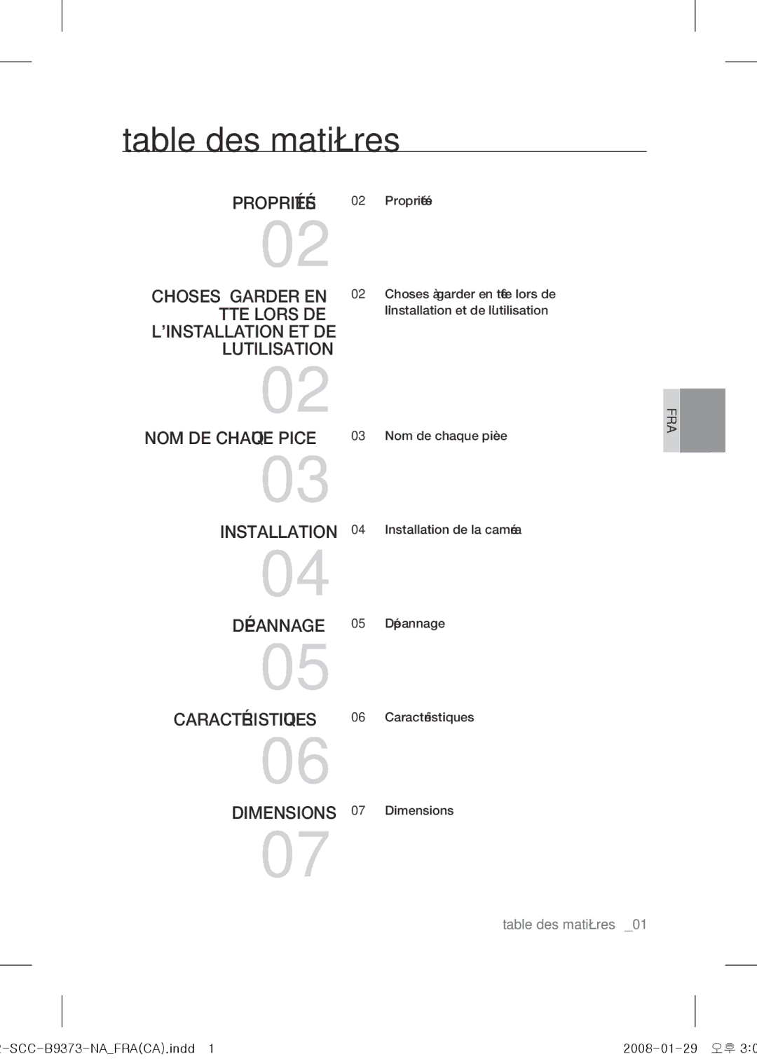 Samsung SCC-B9373 operating instructions Table des matières 