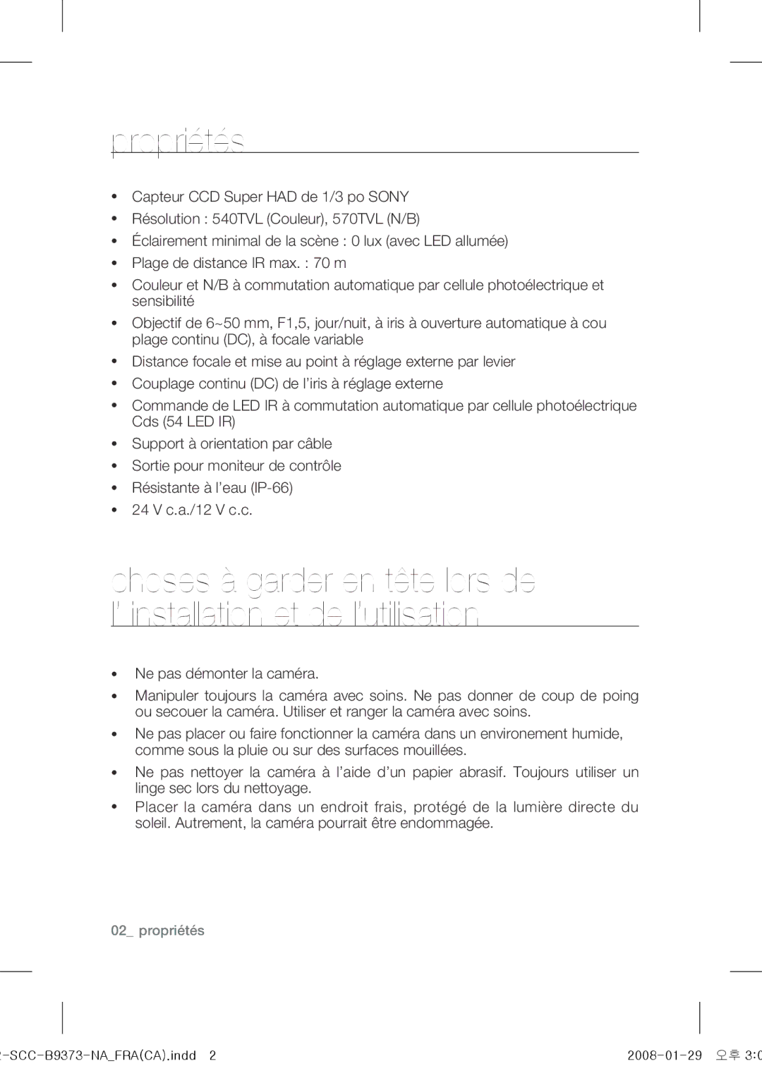 Samsung SCC-B9373 operating instructions Propriétés 