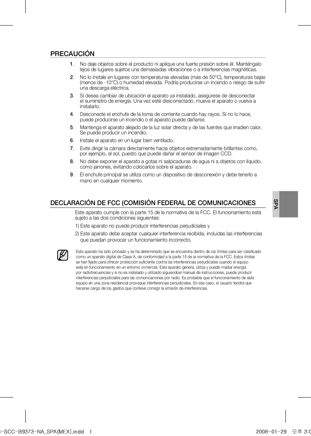 Samsung SCC-B9373 operating instructions Precaución 