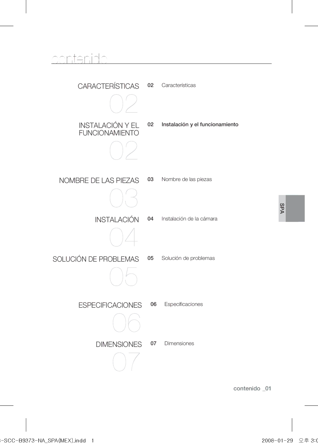 Samsung SCC-B9373 operating instructions Contenido, Funcionamiento 