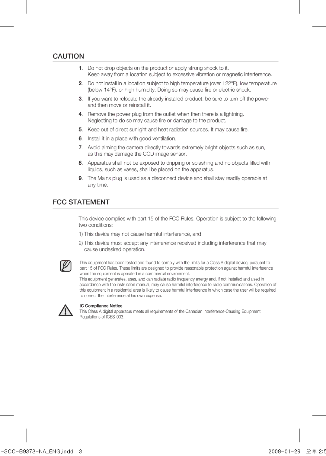 Samsung SCC-B9373 operating instructions FCC Statement 