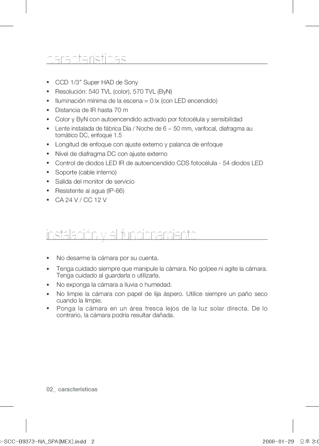 Samsung SCC-B9373 operating instructions Características, Instalación y el funcionamiento 