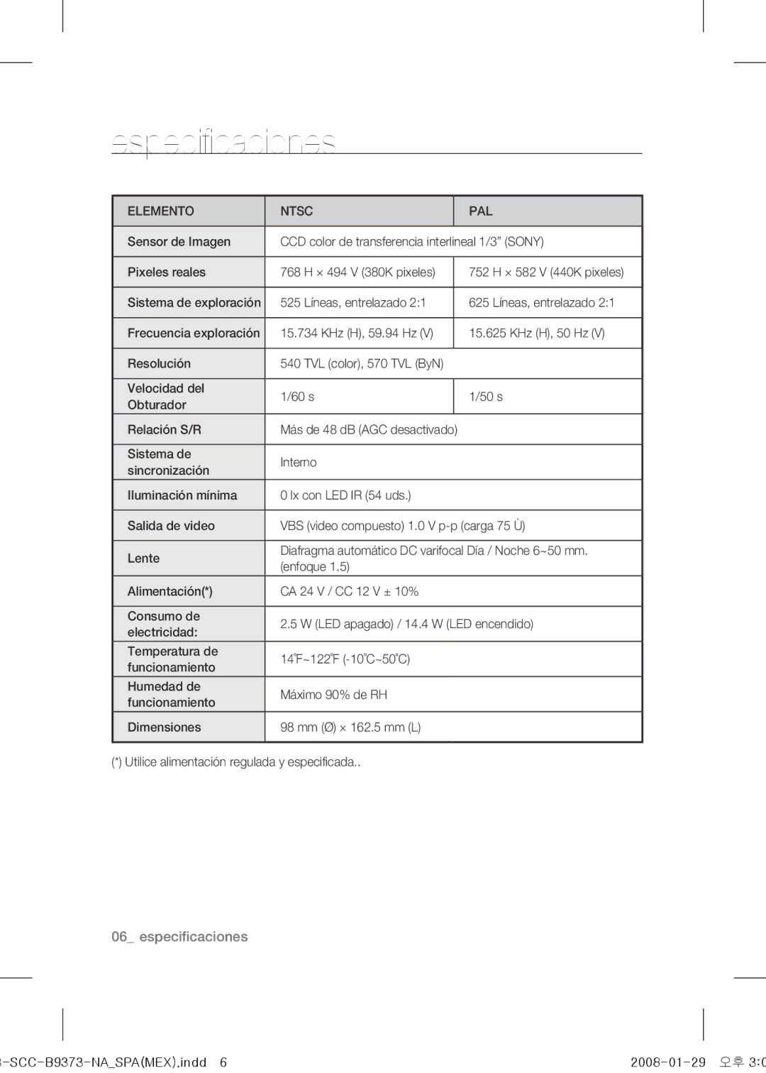 Samsung SCC-B9373 operating instructions Especificaciones, Elemento Ntsc PAL 