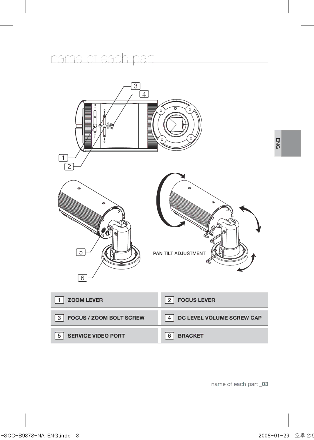 Samsung SCC-B9373 operating instructions Name of each part 