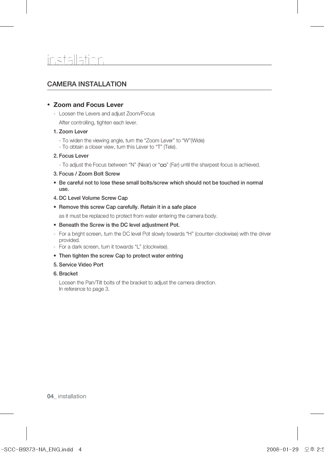 Samsung SCC-B9373 operating instructions Camera Installation 