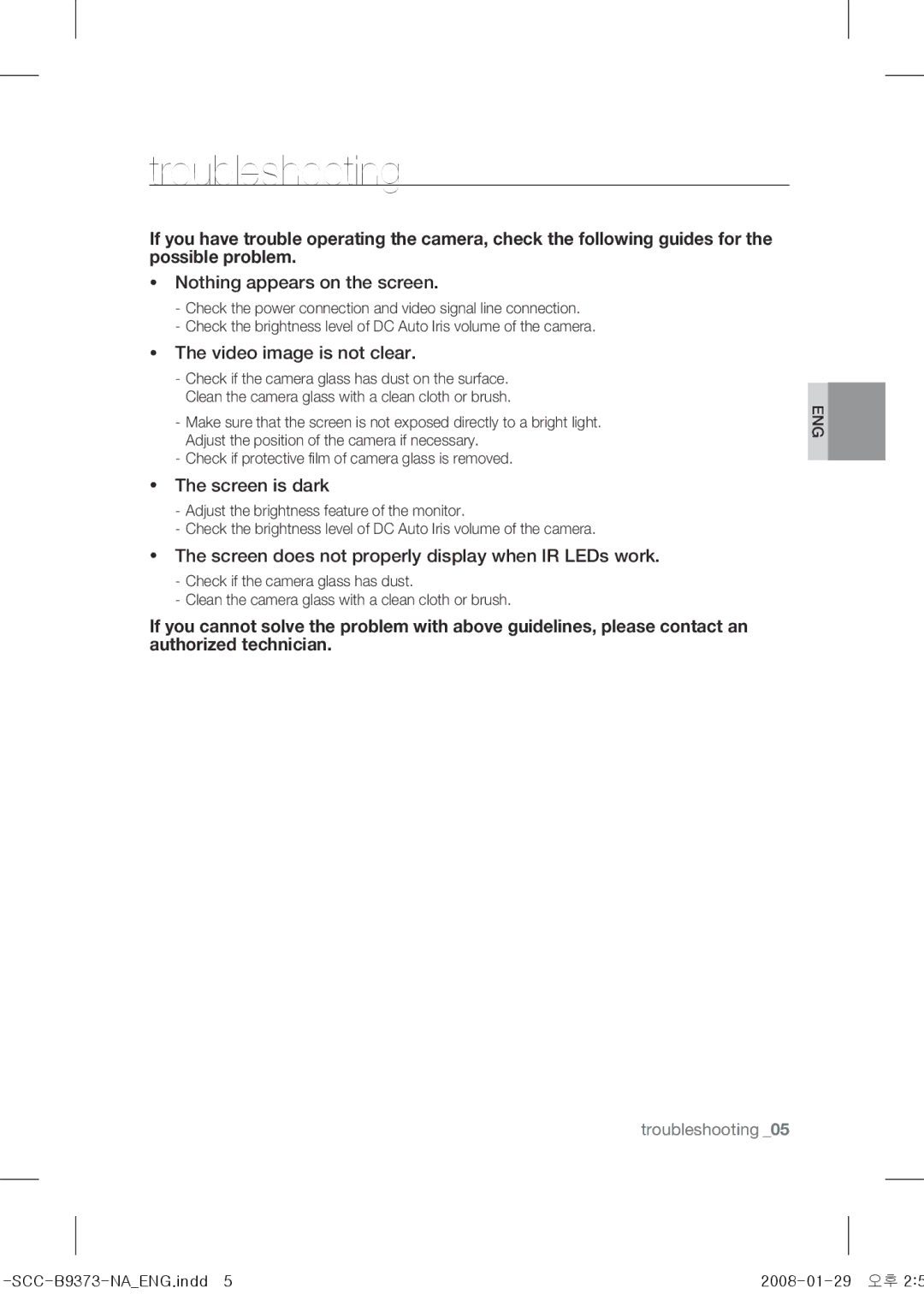 Samsung SCC-B9373 operating instructions Troubleshooting, Nothing appears on the screen 