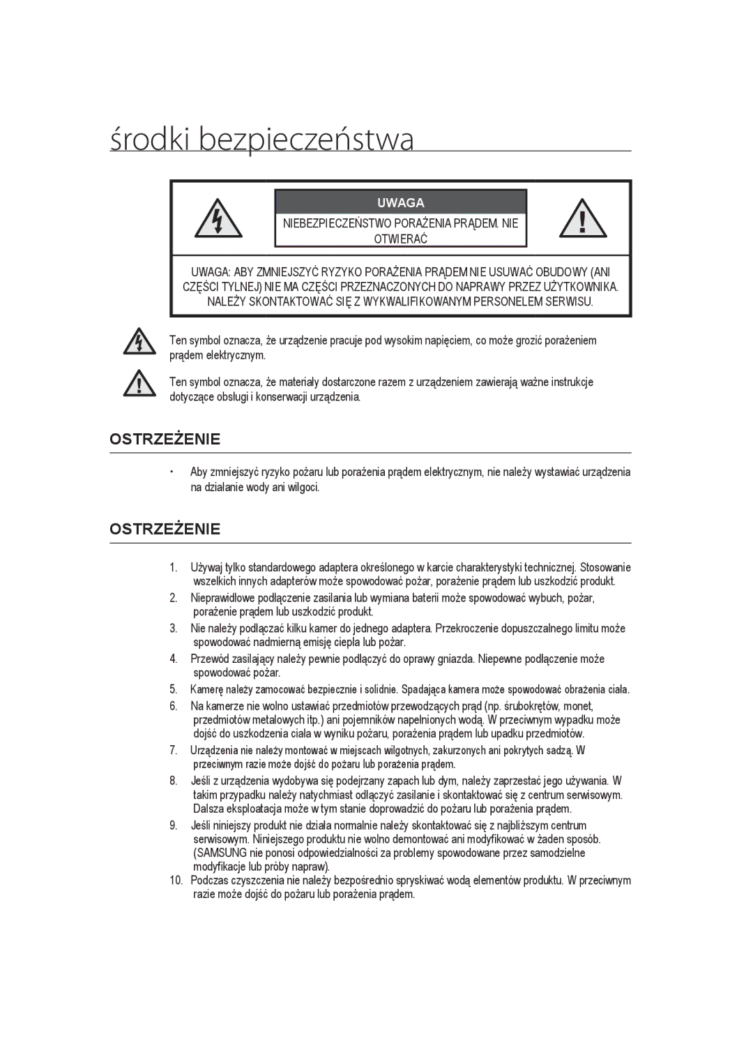 Samsung SCC-B9373CN, SCC-B9373CP, SCC-B9373P manual Środki bezpieczeństwa, Uwaga 