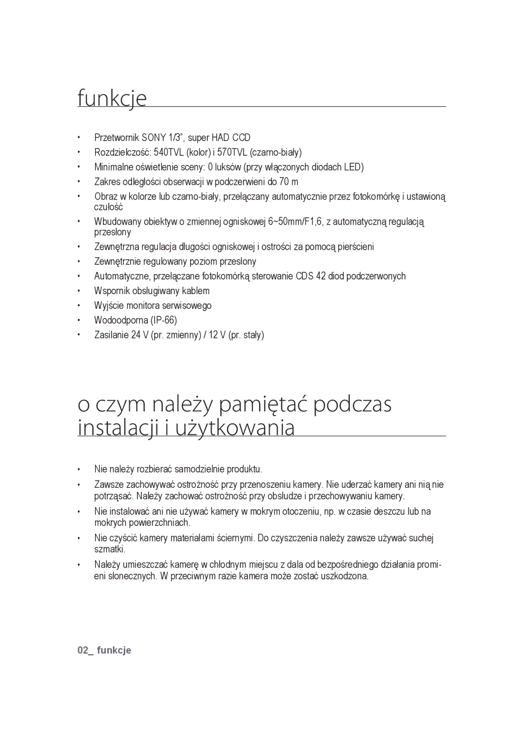 Samsung SCC-B9373CP, SCC-B9373P, SCC-B9373CN manual Funkcje, Czym należy pamiętać podczas instalacji i użytkowania 