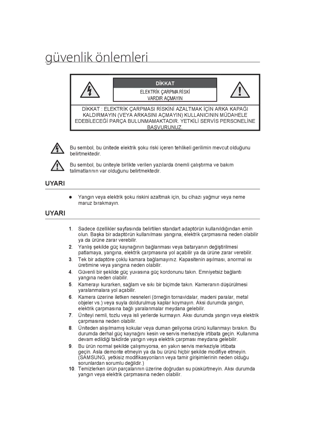 Samsung SCC-B9373CN, SCC-B9373CP, SCC-B9373P manual Güvenlik önlemleri, Dİkkat 