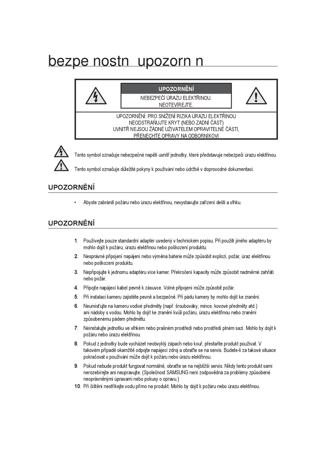 Samsung SCC-B9373CN, SCC-B9373CP, SCC-B9373P manual Bezpečnostní upozornění, Upozornění 