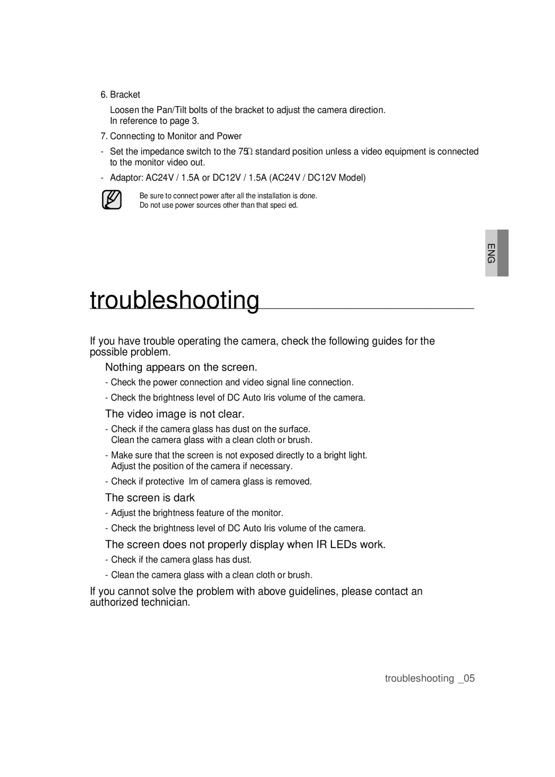 Samsung SCC-B9373CP, SCC-B9373P, SCC-B9373CN manual Troubleshooting, Nothing appears on the screen 