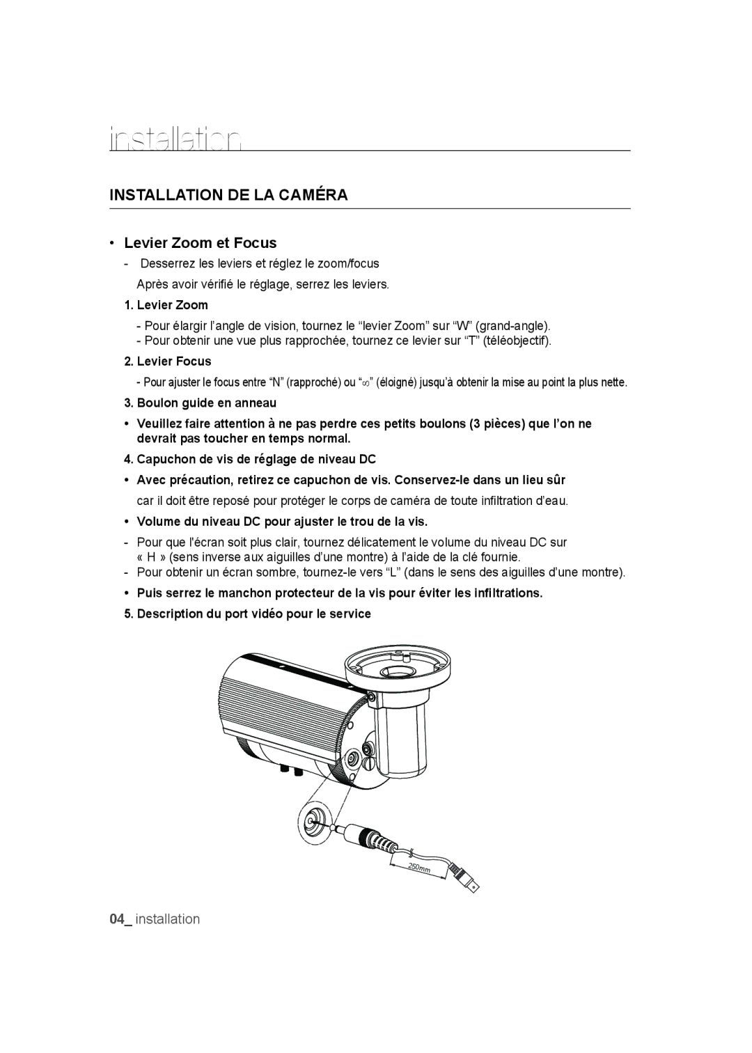 Samsung SCC-B9373CN, SCC-B9373CP, SCC-B9373P manual Installation DE LA Caméra, Levier Zoom et Focus, Levier Focus 