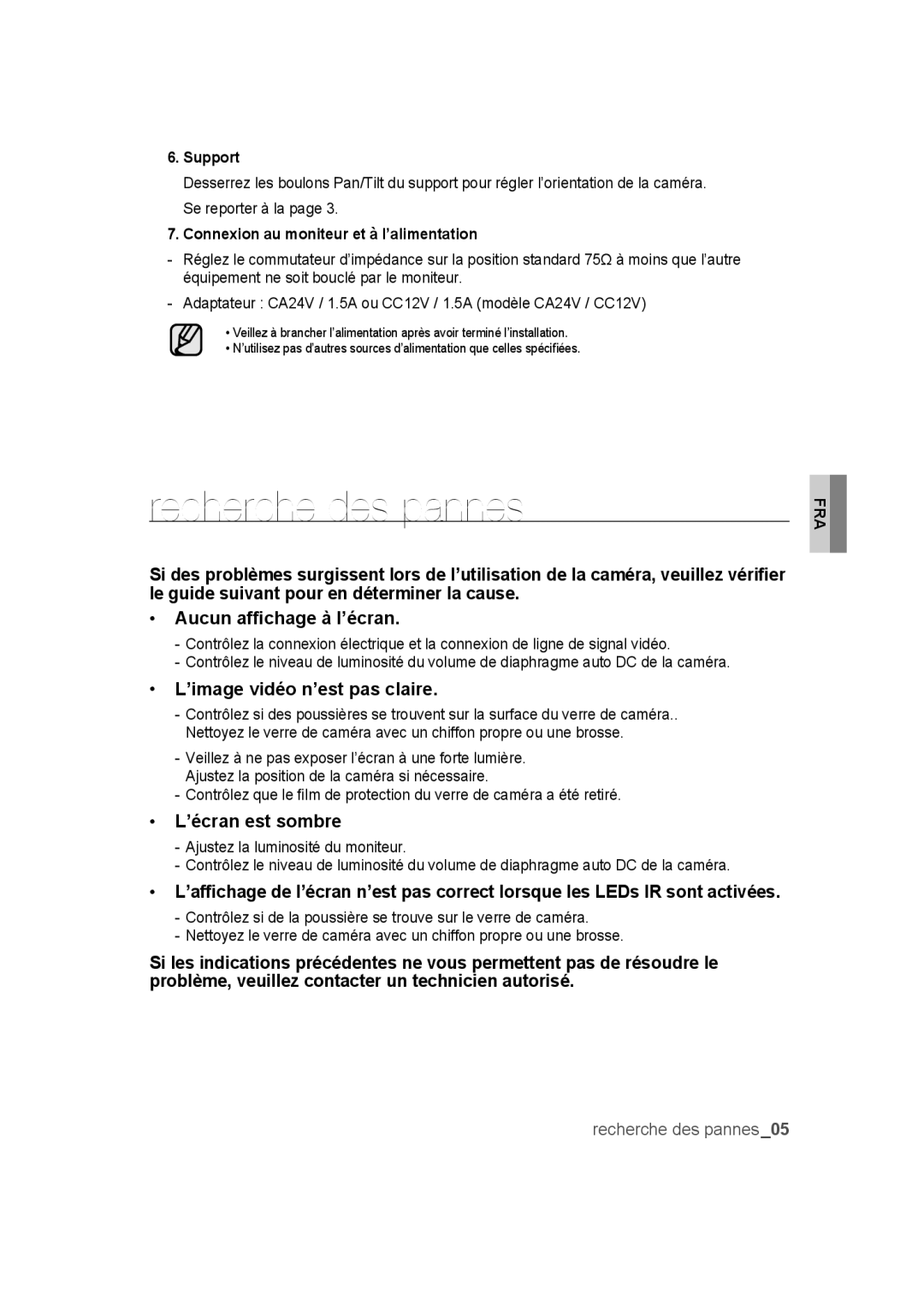 Samsung SCC-B9373CP, SCC-B9373P manual Recherche des pannes, ’image vidéo n’est pas claire, ’écran est sombre, Support 