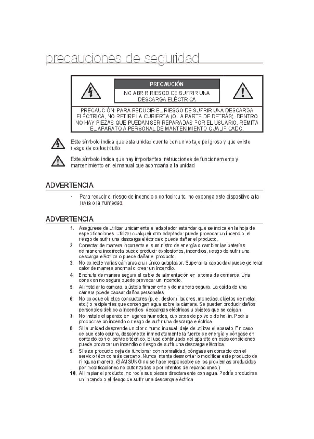 Samsung SCC-B9373CN, SCC-B9373CP, SCC-B9373P manual Precauciones de seguridad, Advertencia 