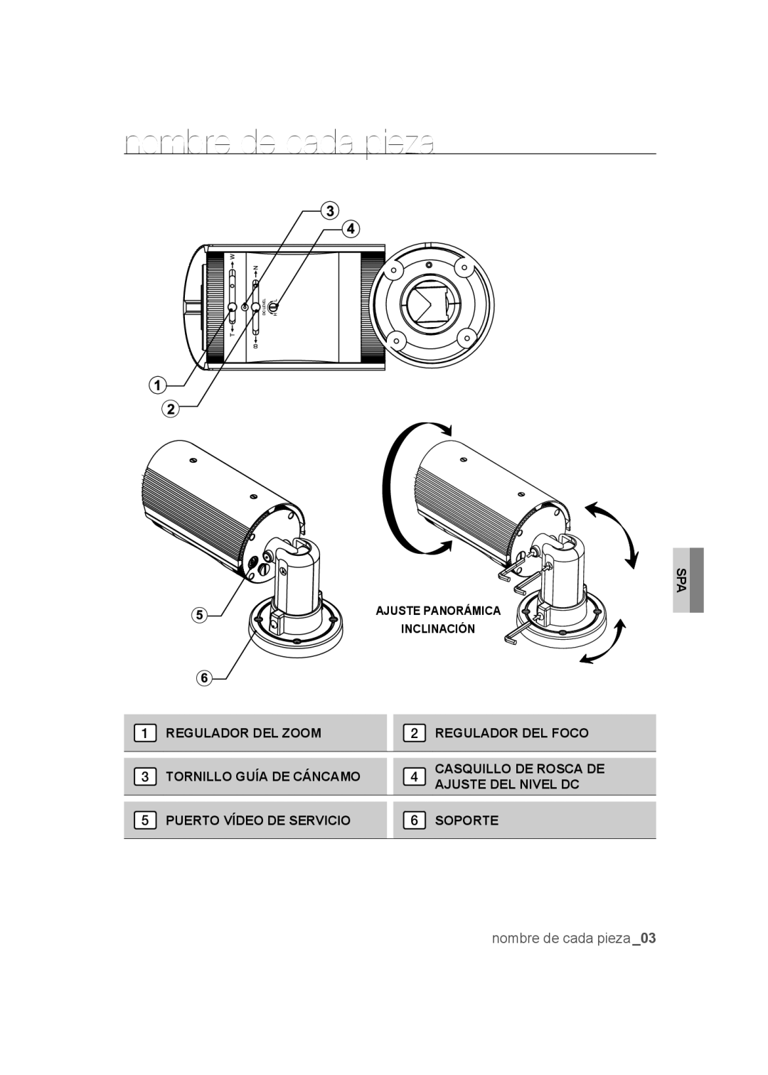 Samsung SCC-B9373P, SCC-B9373CP, SCC-B9373CN manual Nombre de cada pieza 