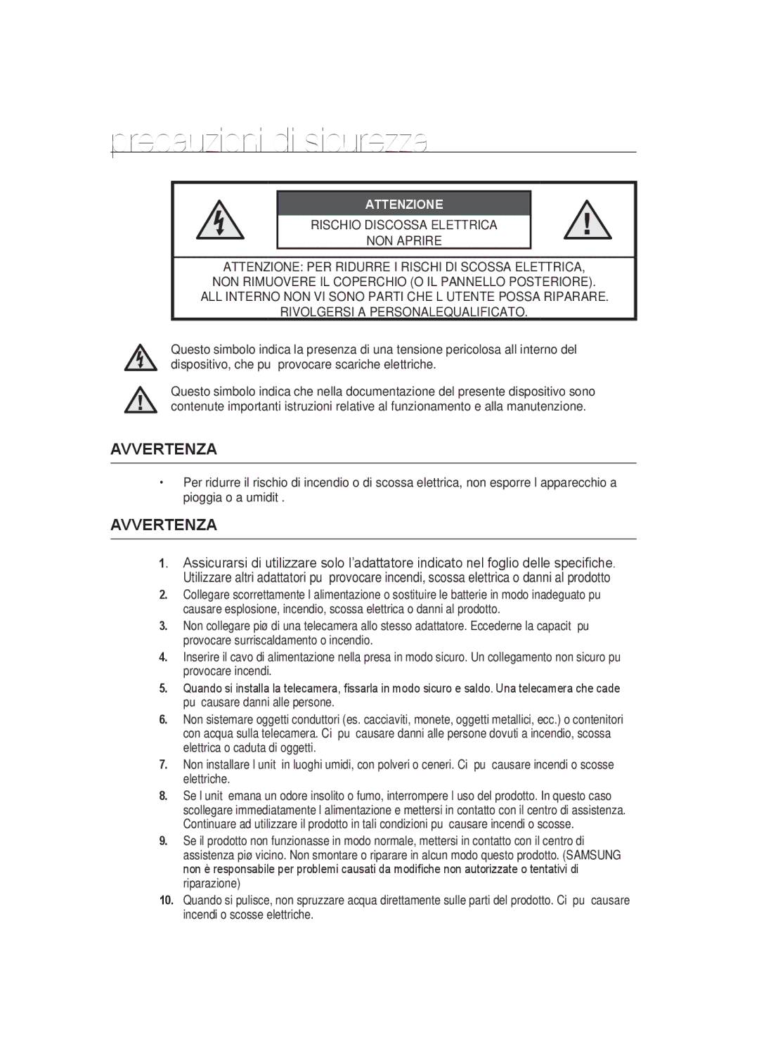 Samsung SCC-B9373CN, SCC-B9373CP, SCC-B9373P manual Precauzioni di sicurezza, Avvertenza 