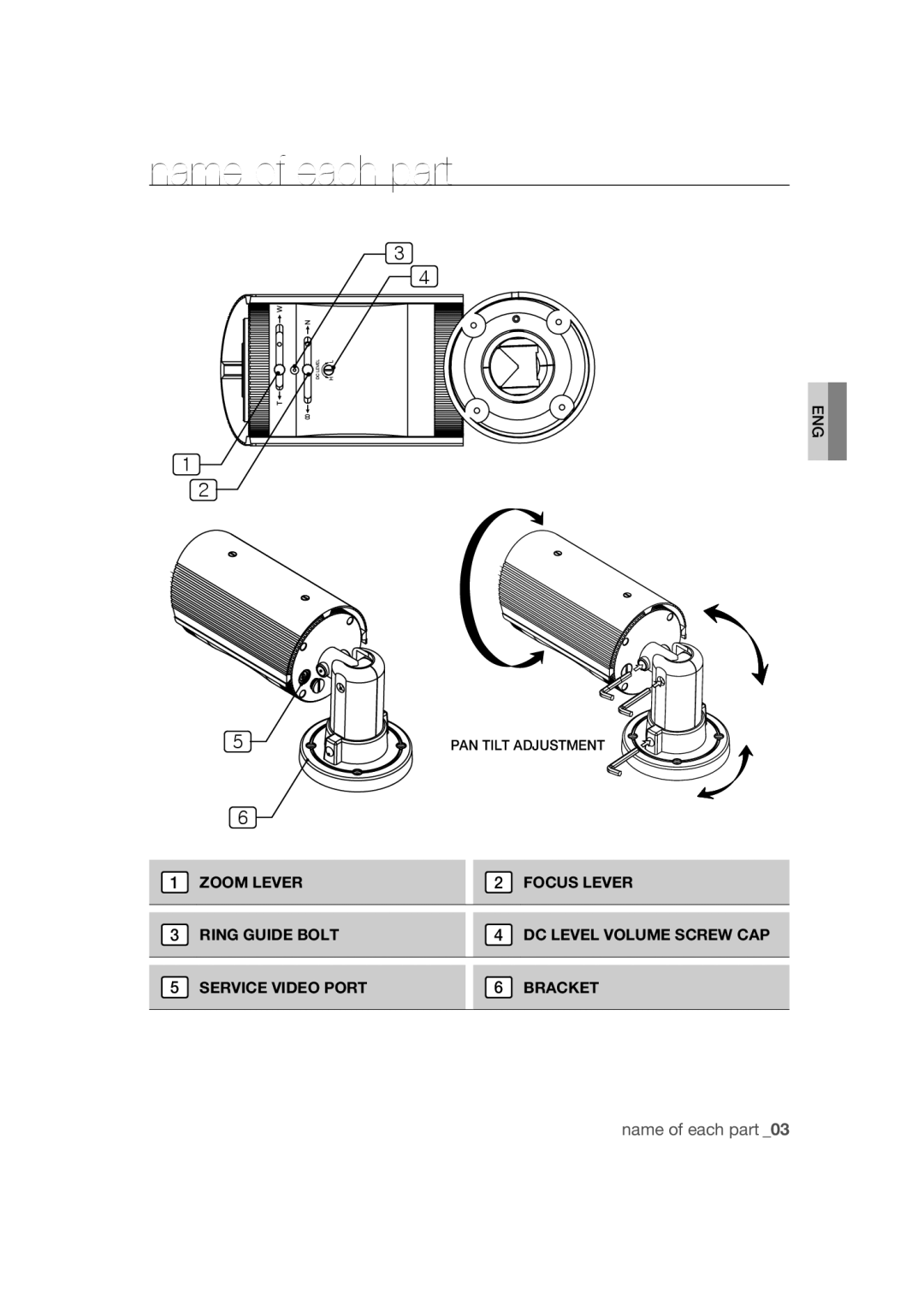 Samsung SCC-B9373P, SCC-B9373CP, SCC-B9373CN manual Name of each part 