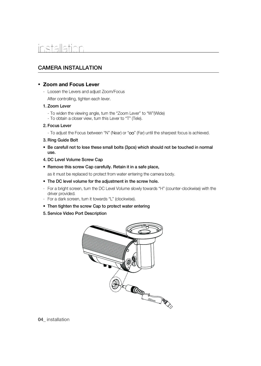 Samsung SCC-B9373CN, SCC-B9373CP, SCC-B9373P manual Installation, Zoom and Focus Lever 