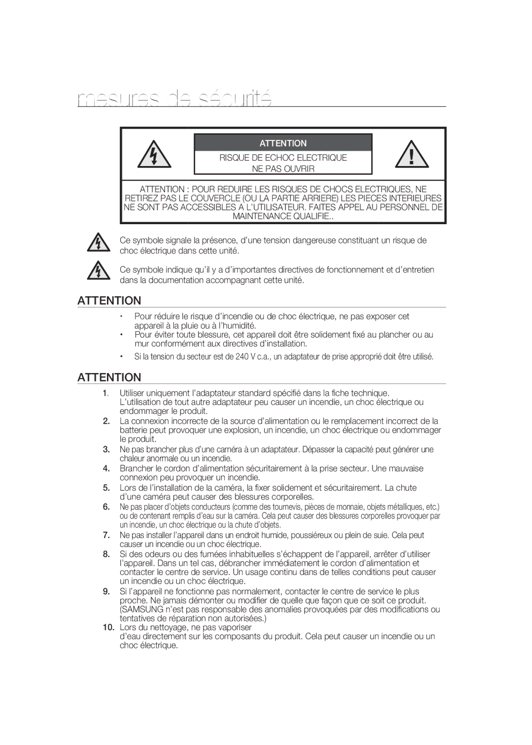 Samsung SCC-B9373CN, SCC-B9373CP, SCC-B9373P manual Mesures de sécurité, NE PAS Ouvrir 