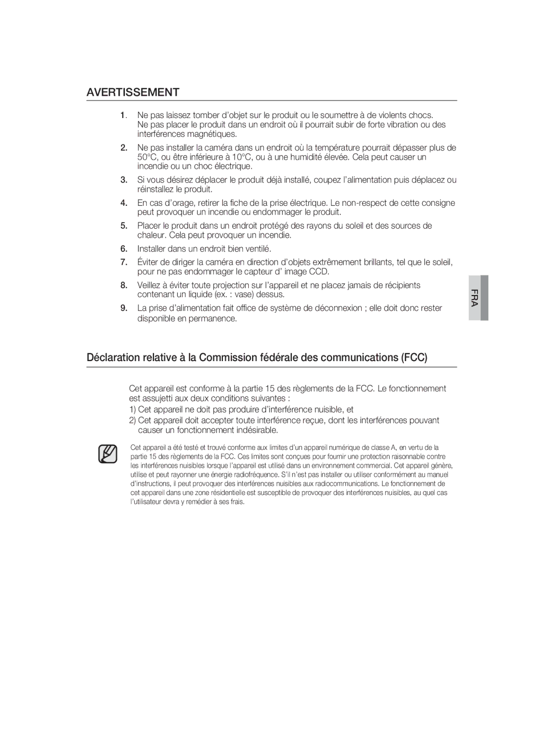 Samsung SCC-B9373CP, SCC-B9373P, SCC-B9373CN manual Avertissement 