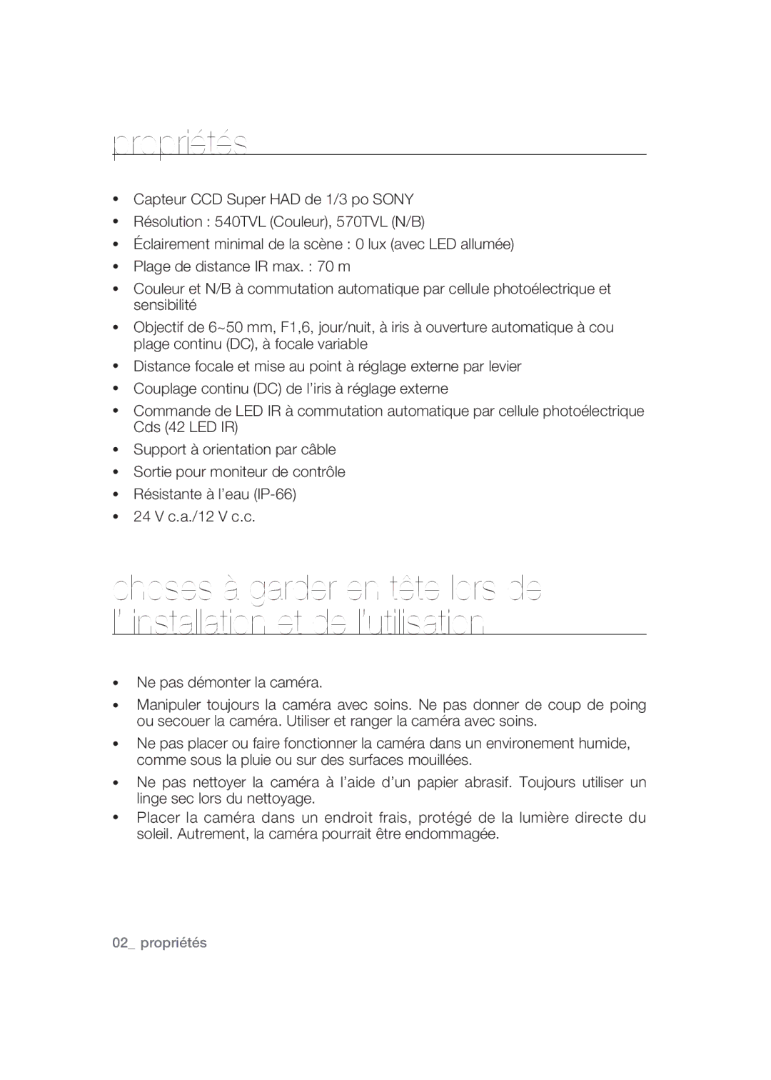 Samsung SCC-B9373CP, SCC-B9373P, SCC-B9373CN manual Propriétés 