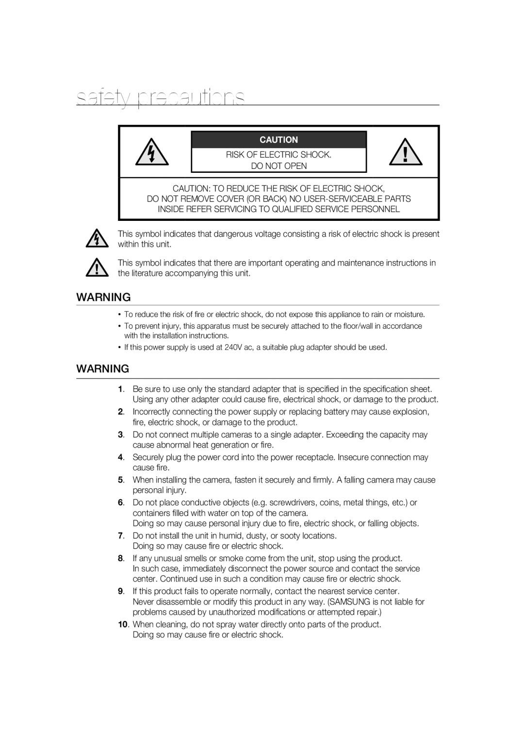 Samsung SCC-B9373CN, SCC-B9373CP, SCC-B9373P manual Safety precautions 