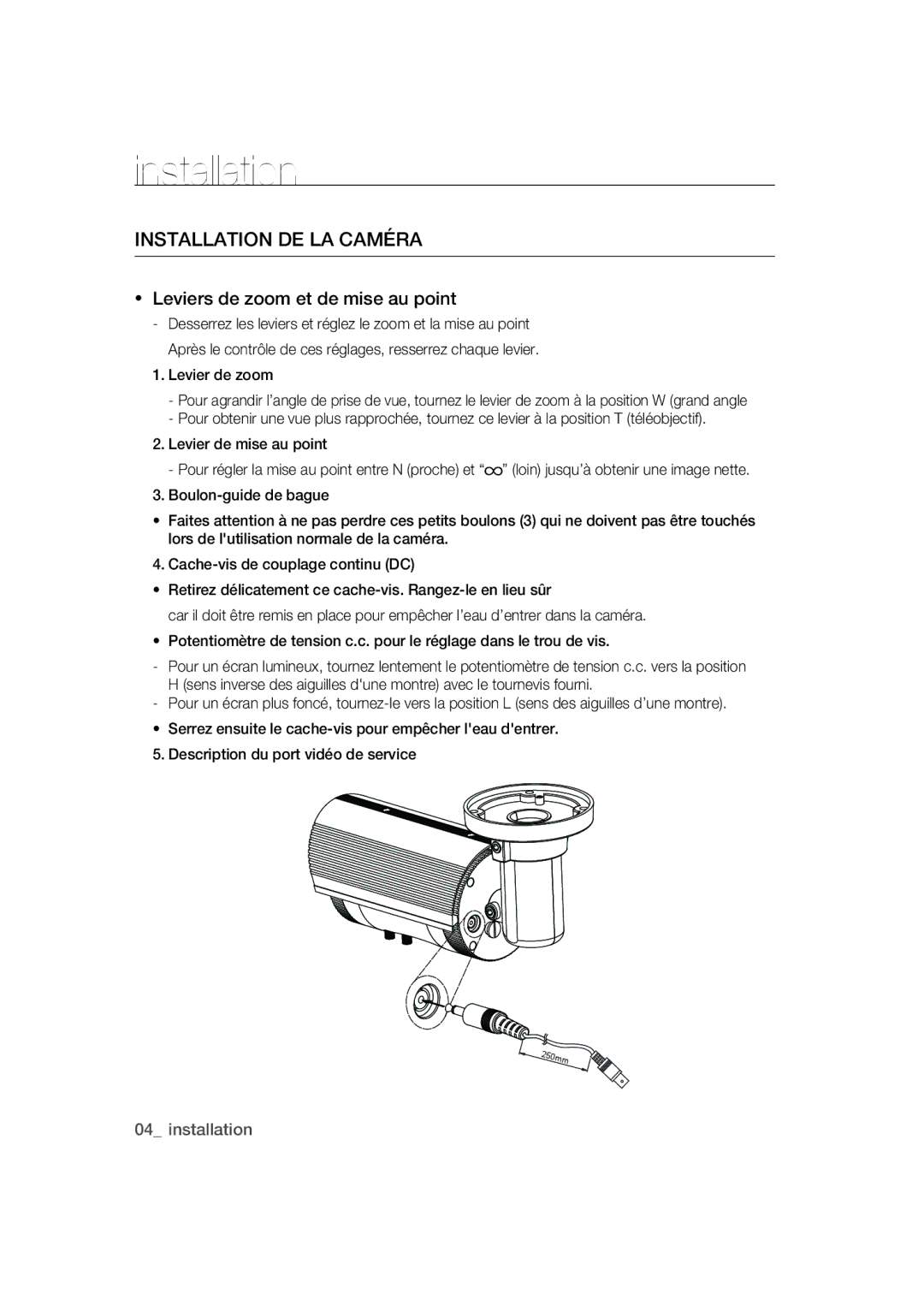 Samsung SCC-B9373CN, SCC-B9373CP, SCC-B9373P manual Installation de la caméra 