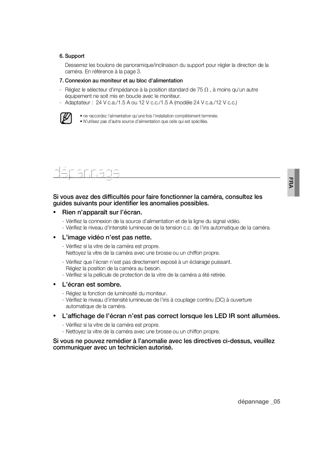 Samsung SCC-B9373CP, SCC-B9373P, SCC-B9373CN manual Dépannage, ’image vidéo n’est pas nette 