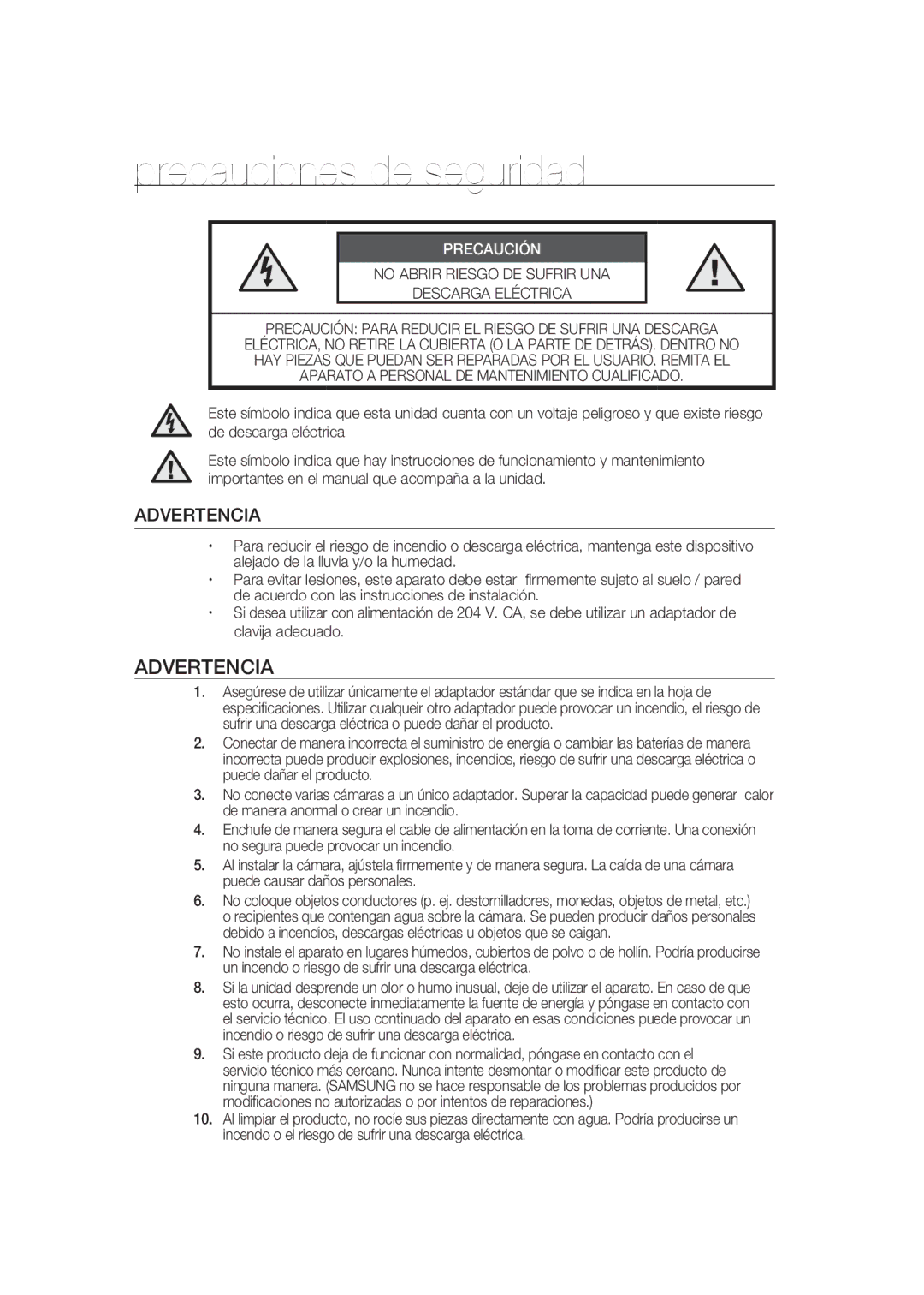 Samsung SCC-B9373CN, SCC-B9373CP, SCC-B9373P manual Precauciones de seguridad, Precaución 