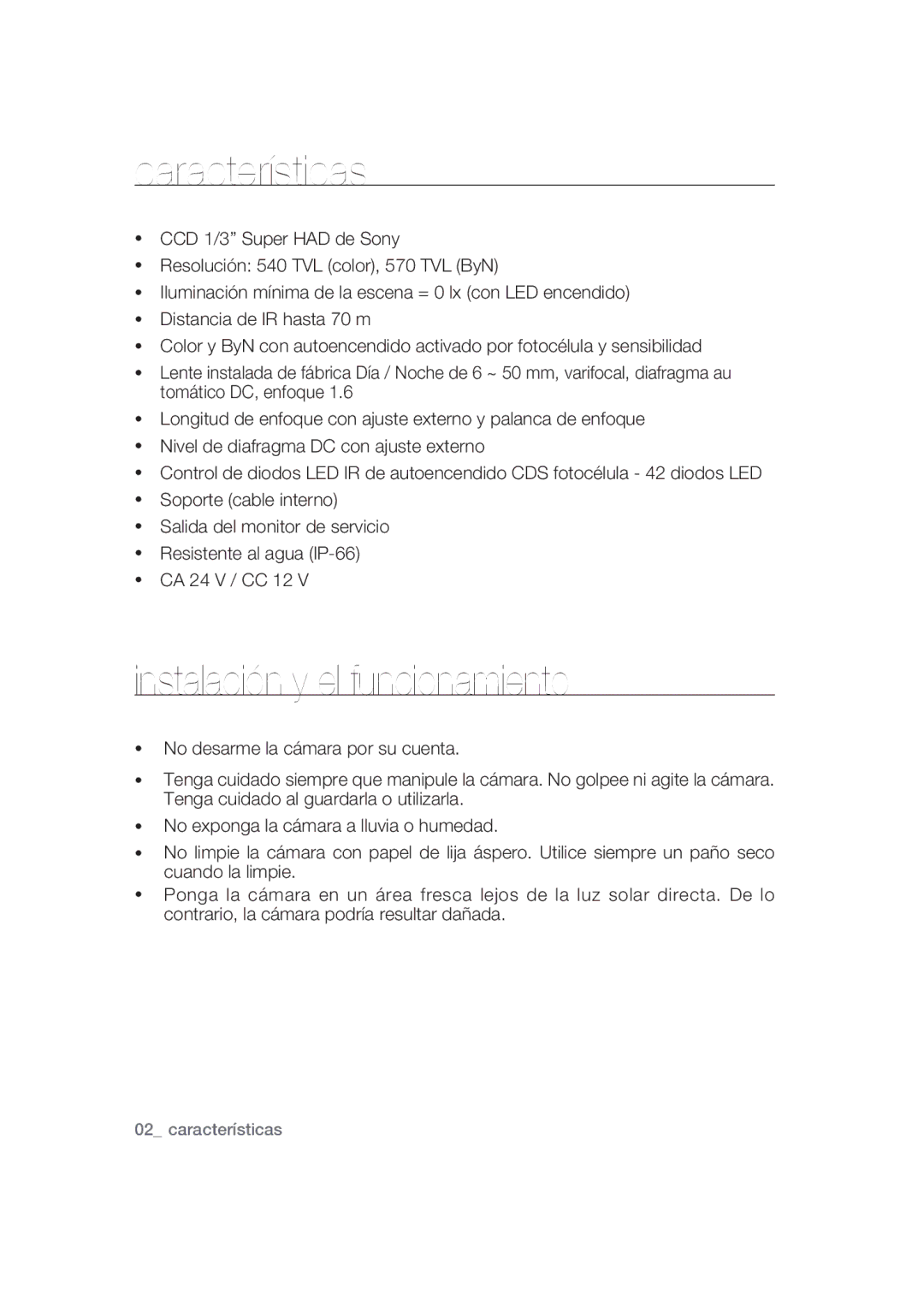 Samsung SCC-B9373CP, SCC-B9373P, SCC-B9373CN manual Características, Instalación y el funcionamiento 