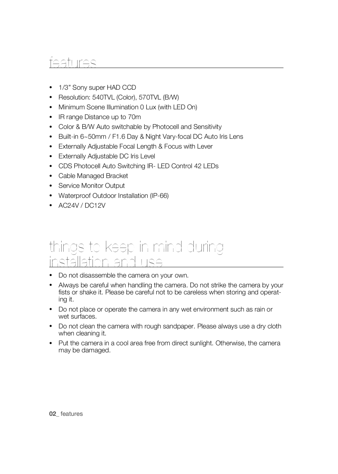 Samsung SCC-B9373CP, SCC-B9373P, SCC-B9373CN manual Features, Things to keep in mind during installation and use 