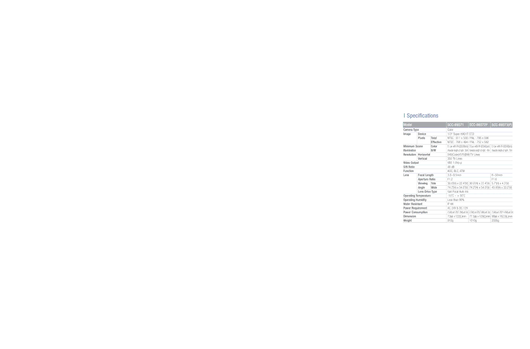 Samsung SCC-B9373(P) dimensions Specifications, Model SCC-B9371, SCC-B9372P 