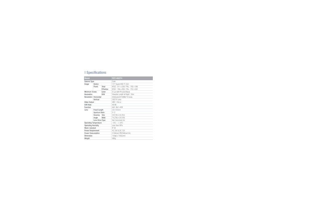 Samsung dimensions Specifications, Model SCC-B9374, Agc, Blc, Atw 