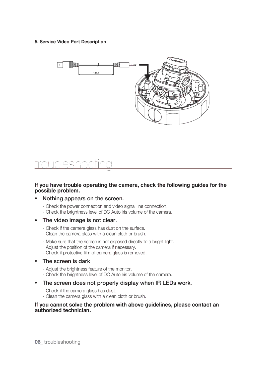 Samsung SCC-B9374P manual Troubleshooting, Service Video Port Description 