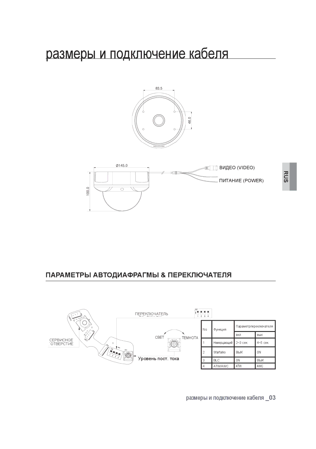 Samsung SCC-B9374P manual Размеры и подключение кабеля, Параметры автодиафрагмы & переключателя 