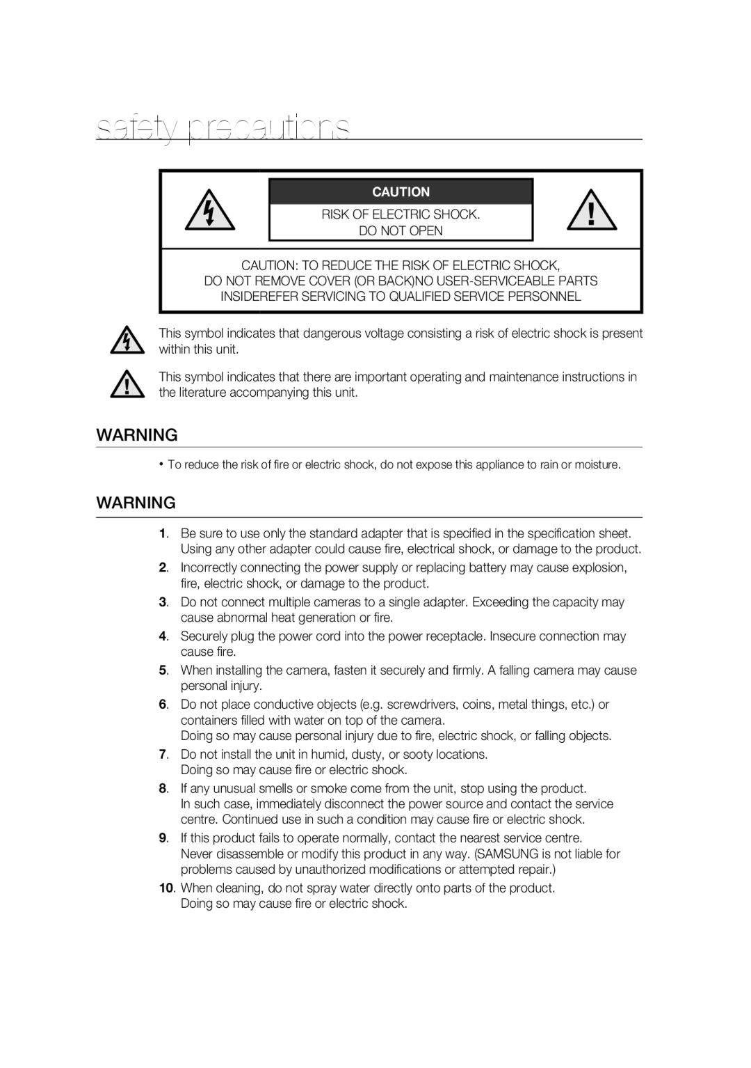 Samsung SCC-B9374P manual Safety precautions 