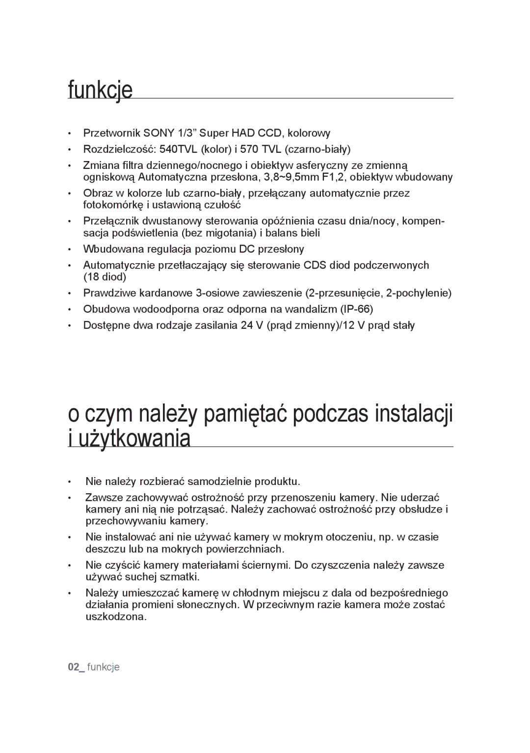 Samsung SCC-B9374P manual Funkcje, Czym należy pamiętać podczas instalacji i użytkowania 