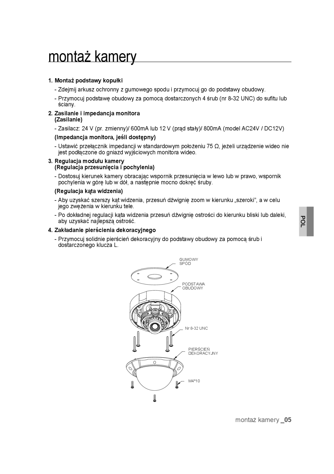 Samsung SCC-B9374P manual Montaż kamery 