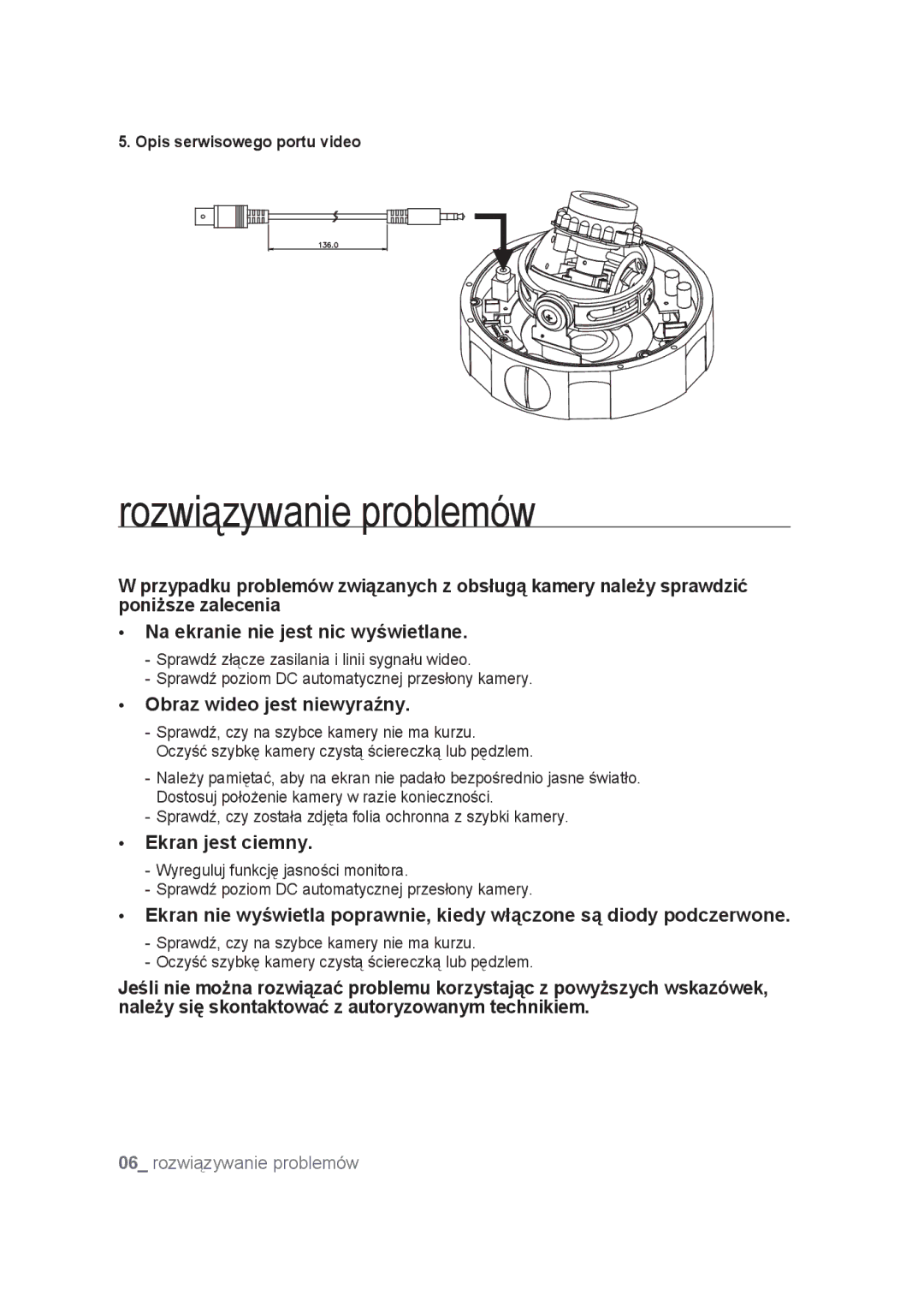 Samsung SCC-B9374P manual Rozwiązywanie problemów, Opis serwisowego portu video 