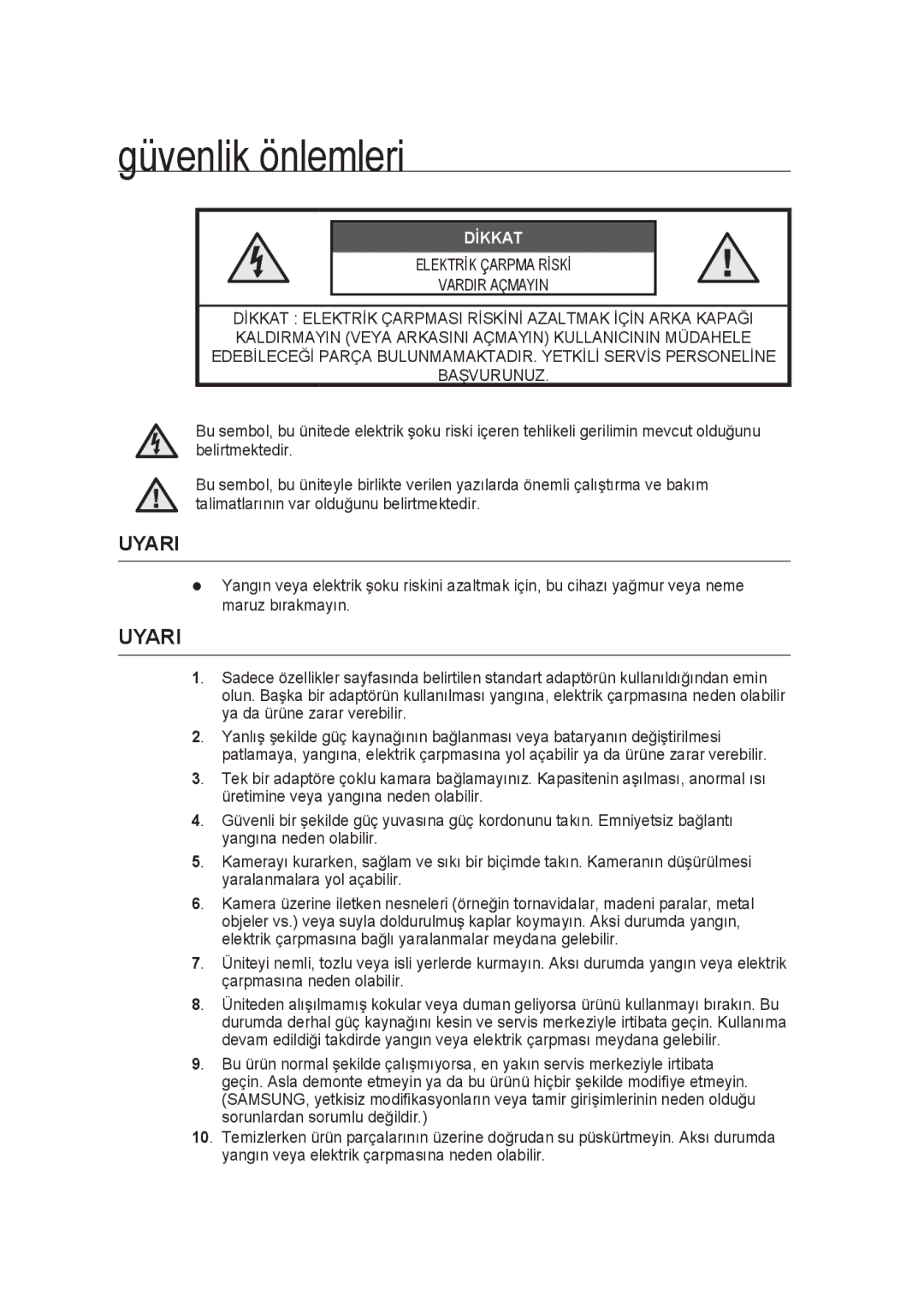 Samsung SCC-B9374P manual Güvenlik önlemleri, Uyari 